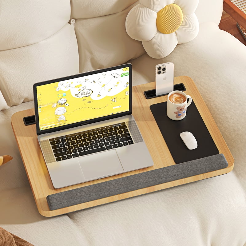 UNICOO Portable Lap Desk with Pillow Cushion, Fits 15.6" Laptop – Anti-Slip Strip, Storage Slot, Ergonomic Laptop Stand for Bed, Couch, or Home Office | Students, Home Office, or Travel (Maple)