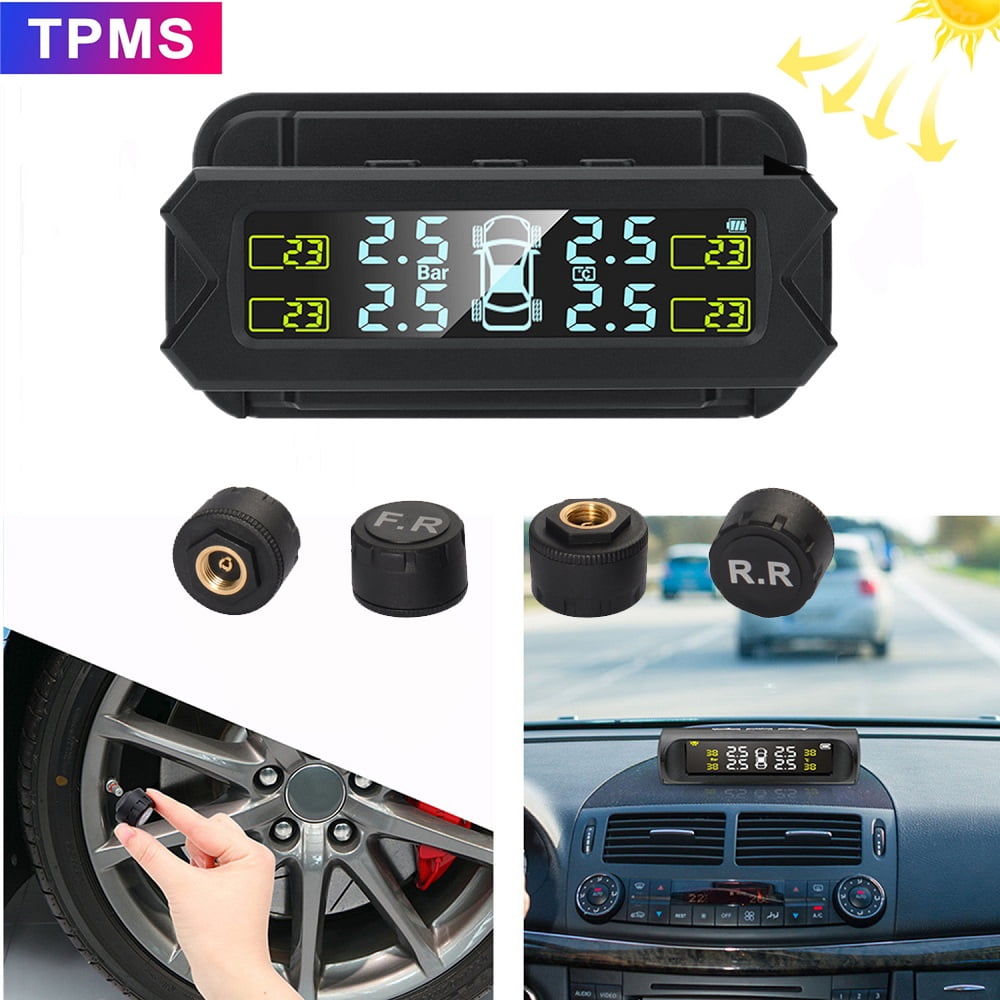 Auto Wireless TPMS Built-in Tire Pressure Monitor System Solar LCD Monitor 4 Built-in Anti-theft Sensors Real-time Alarm Display Tires Pressure and Temperature for Car Vehicle SUV Saloon Motorcycle 