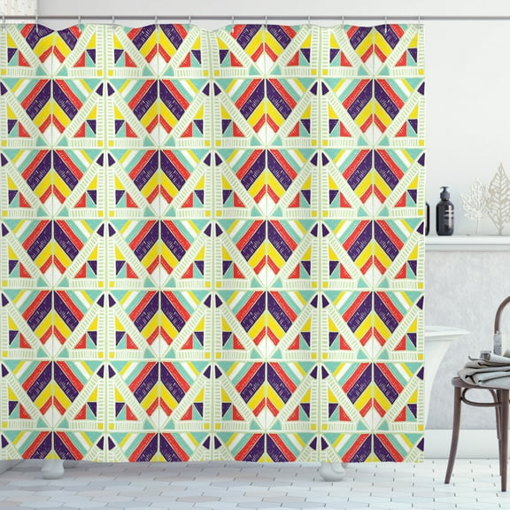 Ethnic Shower Curtain, African Pattern with Geometric Colorful Stripes and Triangles Hand Drawn Design, Fabric Bathroom Set with Hooks, 69"WX70"L, Multicolor, by Ambesonne