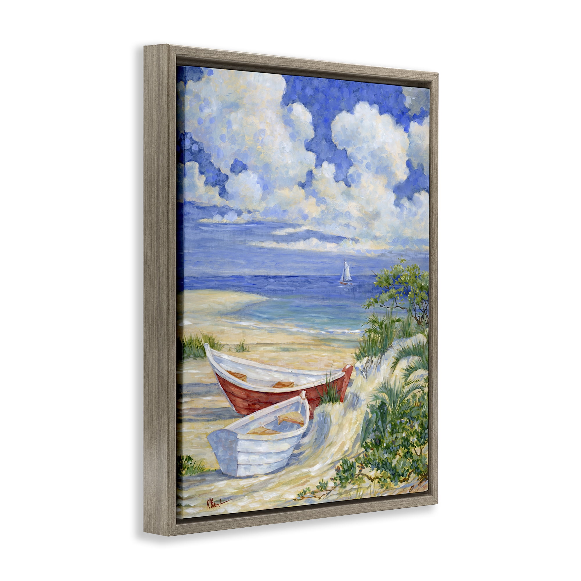 Stupell Industries Two Boats on Sand Transportation Painting Brown Floater Framed Canvas Art Print Wall Art, 17 x 21