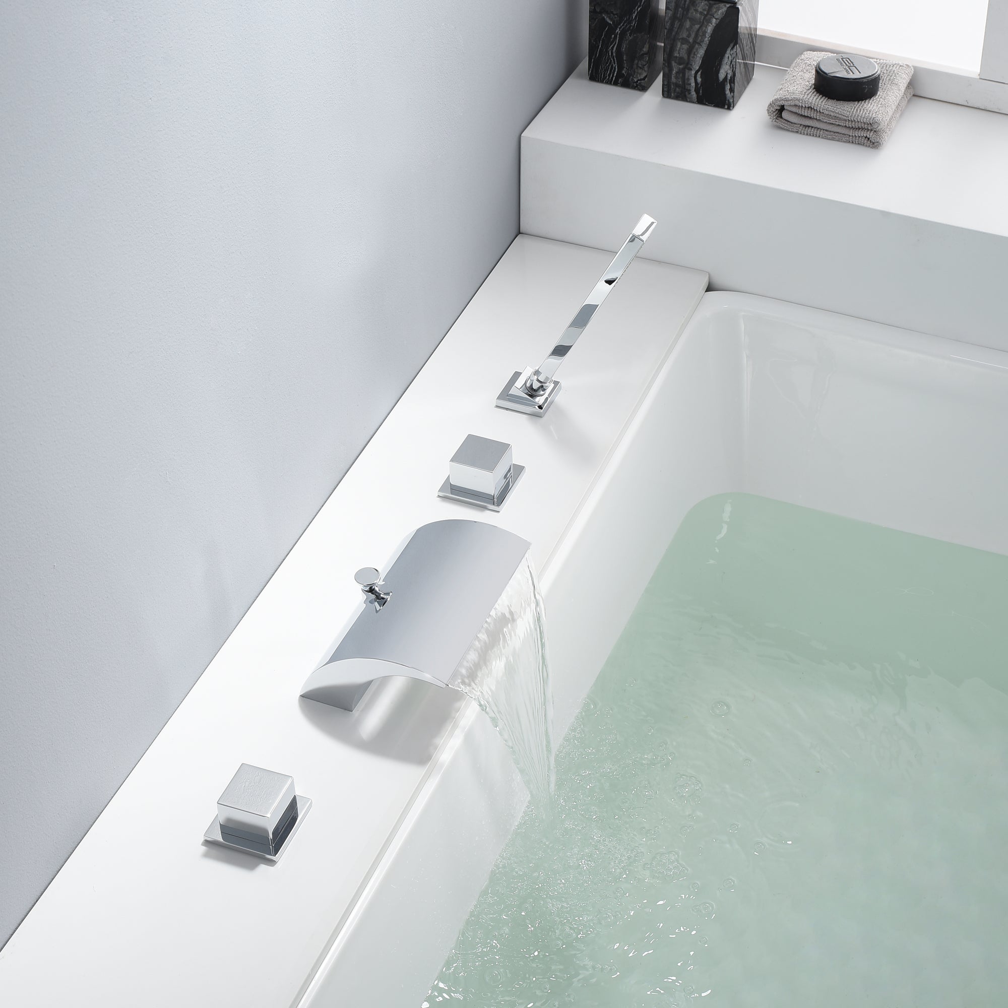 Double Handle High Flow Waterfall Roman Tub Faucet with Diverter and Hand Shower, Chrome Finish