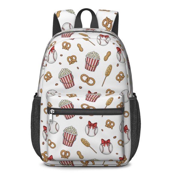 Baseballs and Snacks White Pattern 17" Waterproof Oxford School Backpacks for Teens, S-Shape Padded Straps, for School, Travel, Hiking, Camping