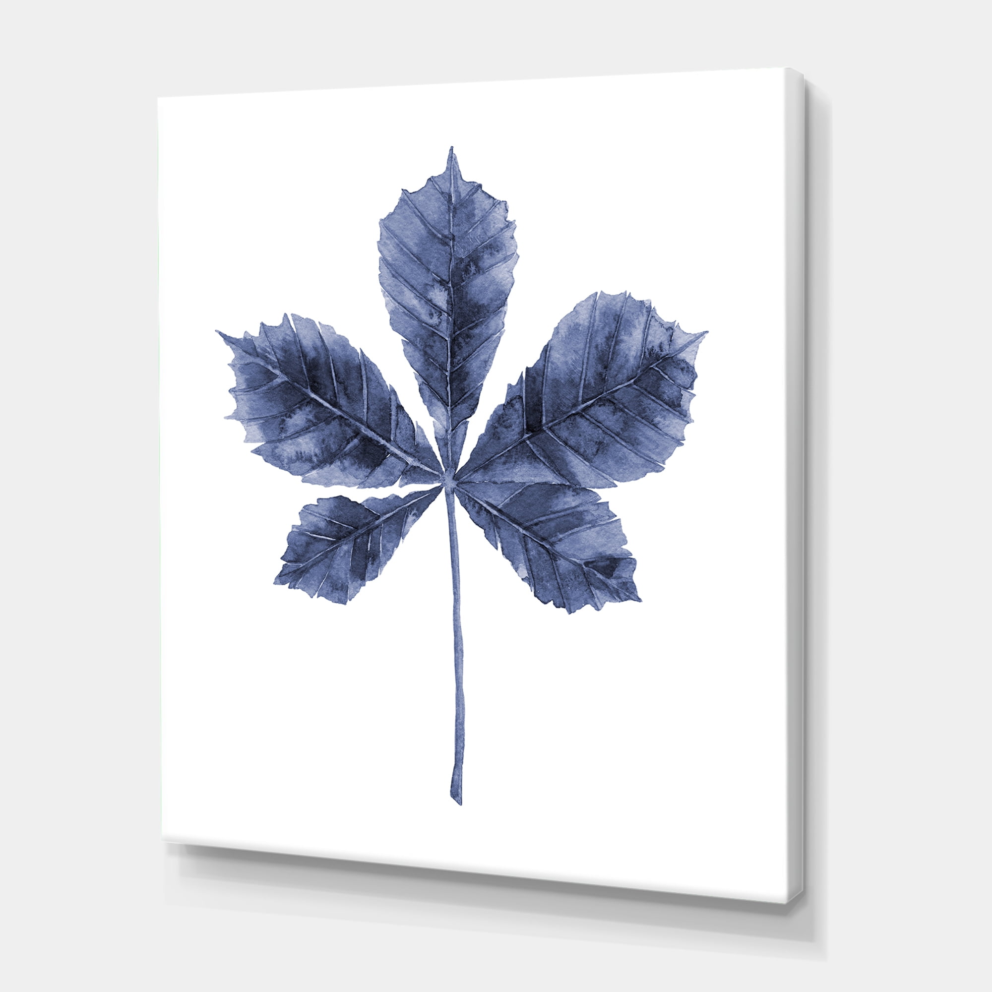 Designart ' Navy Blue Chestnut Leaf On White ' Traditional Canvas Wall Art Print