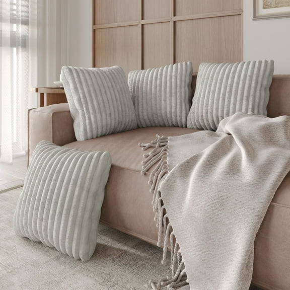 Home Design Laconia 18"x18" Square Velvet Pillow Covers, Set of 4, Soft Fluffy Striped Design for Sofa, Bedroom, or Living Room, Light Gray