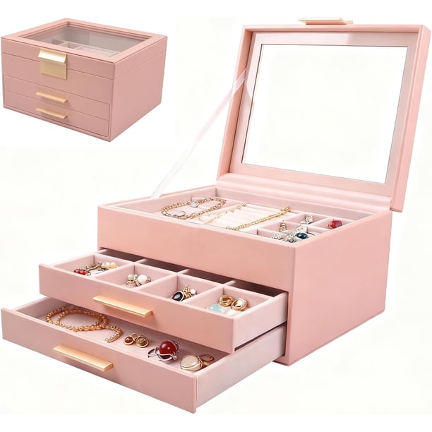 Alajeros joyeria mujer de 3 niveles, joyero organizador de Cuero, joyero para mujer, compartimentos extraíbles, Ideal para anillos, pendientes, pulseras, collares, brazaletes y otras joyas (Rosa)