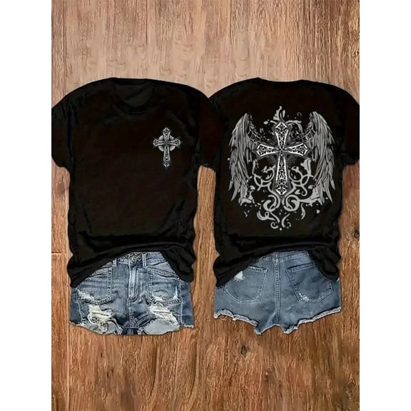Men's Gothic Angel Wing Cross Graphic T-Shirt