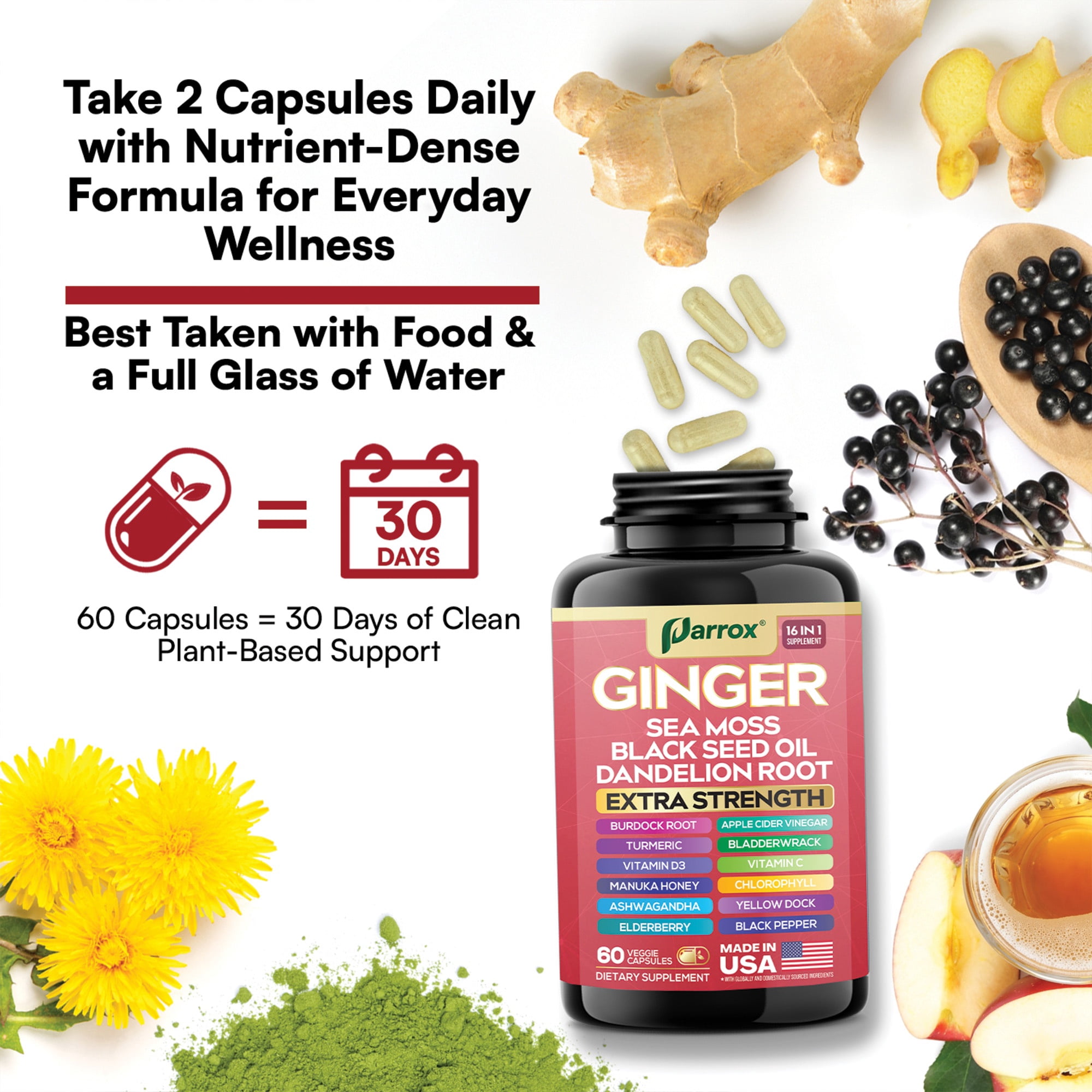 Ginger Black Seed Oil Ashwagandha Turmeric Bladderwrack Burdock Sea Moss Vitamin C Vitamin D3 Elderberry Manuka Honey Dandelion Yellow Dock Chlorophyll ACV Apple Cider Vinegar – 60 Capsules