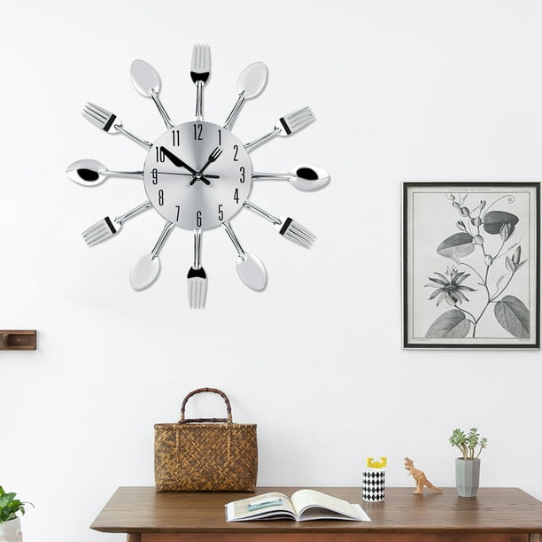 Reloj Acero Inoxidable Cubiertos Reloj Cuchillo Y Tenedor Cuchara Reloj De Pared Decoración De Cocina Plata