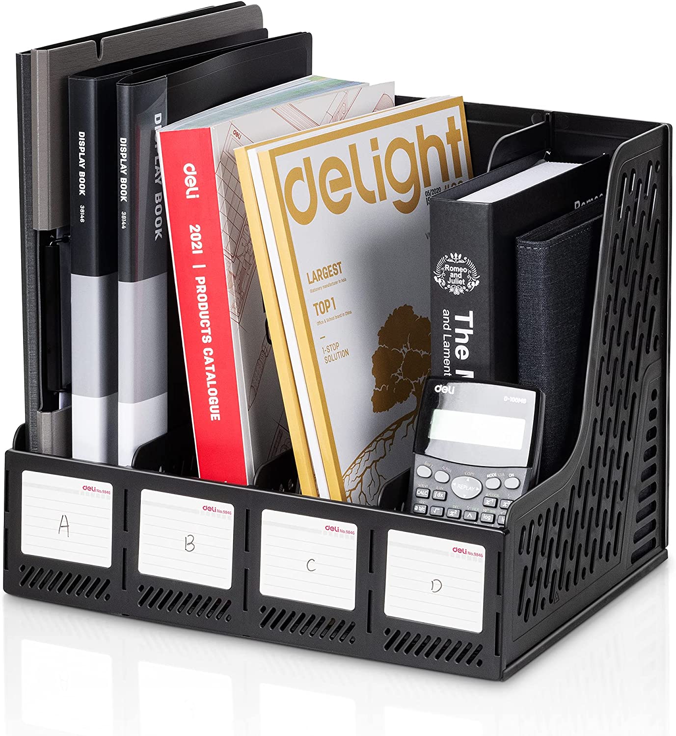 Deli Magazine File Book Holder Desktop Organizer, 4 Compartments, Plastics, Black