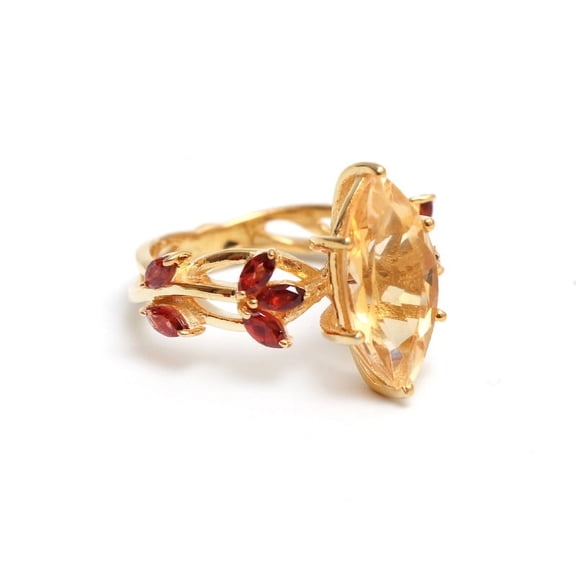 PILWALS Art Deco Leaf Yellow Citrine & Garnet Engagement Rings 925 Sterling, Sterling Silver