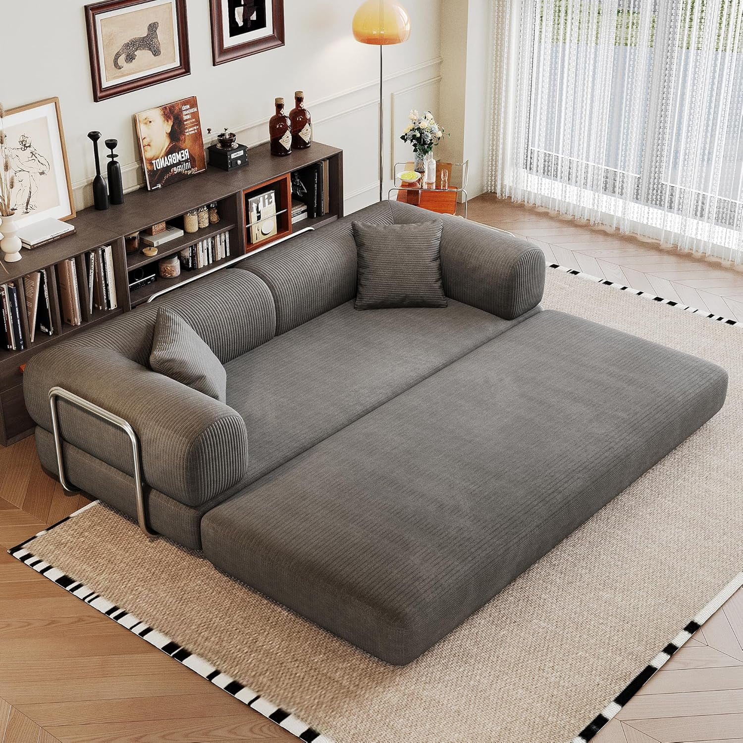 Howcool 79" Convertible Sofa Bed, Corduroy Folding Pull Out Couch with Pillows, Boneless Compression Sofa in a Box, Floor Sofa with Support Rods for Living Room,Gray