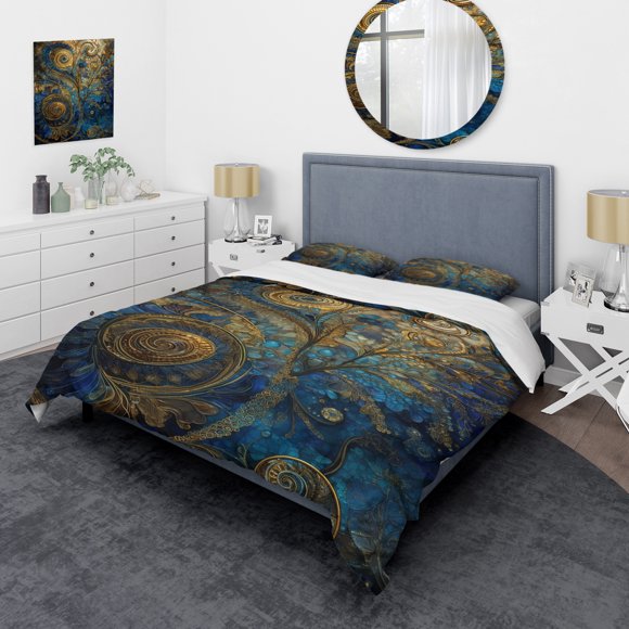Designart "Melodies of Boho Blue And Gold II" Boho Feather Bedding Covert Set - Traditional Blue Geometric Bed Set With 2 Shams