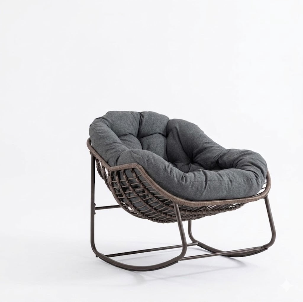 Indoor & Outdoor Comfy Rocker Chair with Thick Cushion, Oversized Rattan Egg Chair for Balcony, Wicker Papasan Rocker