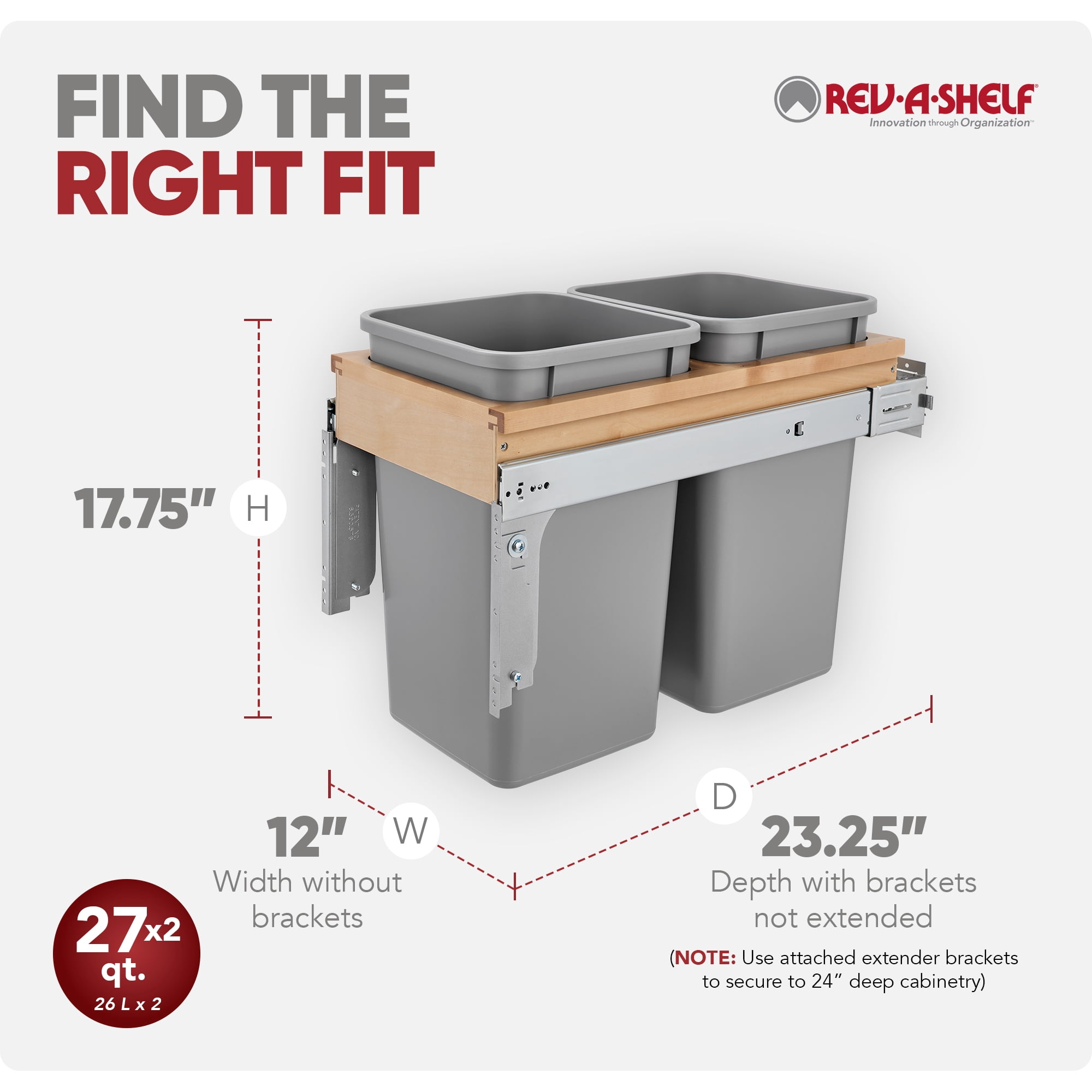 Rev-A-Shelf Double Pullout Top Mount Trash Can w/Soft Close, 27 Qt Silver, 4WCTM-15BBSCDM2