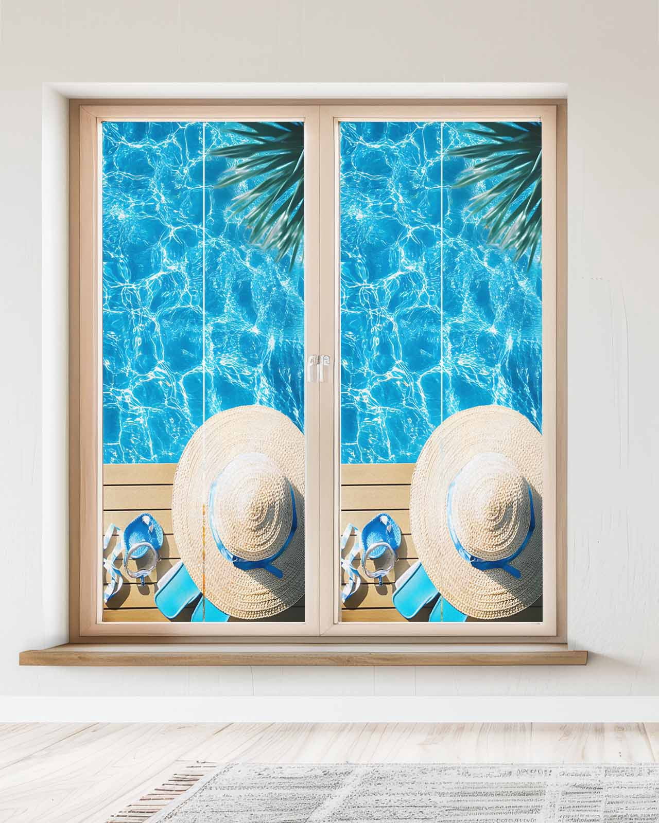 Window Privacy Film Coastal Ocean Stained Glass Window Film Decorative Sun Block Window Cover Blue Sea Pool Slippers Straw Hat Starfish Window Clings Static Adhesive Sticker for Bathroom 23.6"x59"