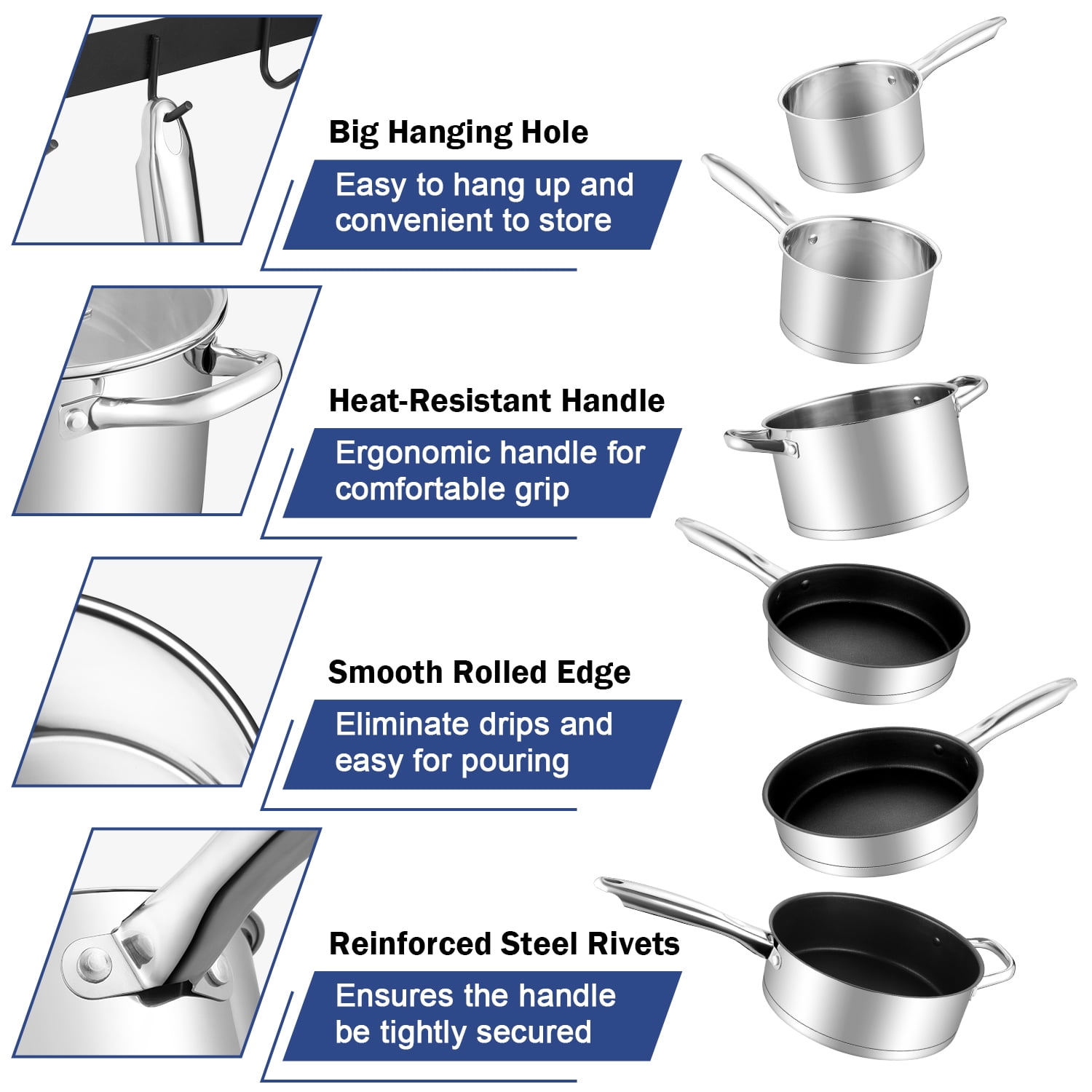 Vesteel 10 Pcs Stainless Steel Pots and Pans Sets, Kitchen Cookware Set of 6, Induction Cooking Pot & Saucepans with Lids, Nonstick Frying Pans & Saute Pan