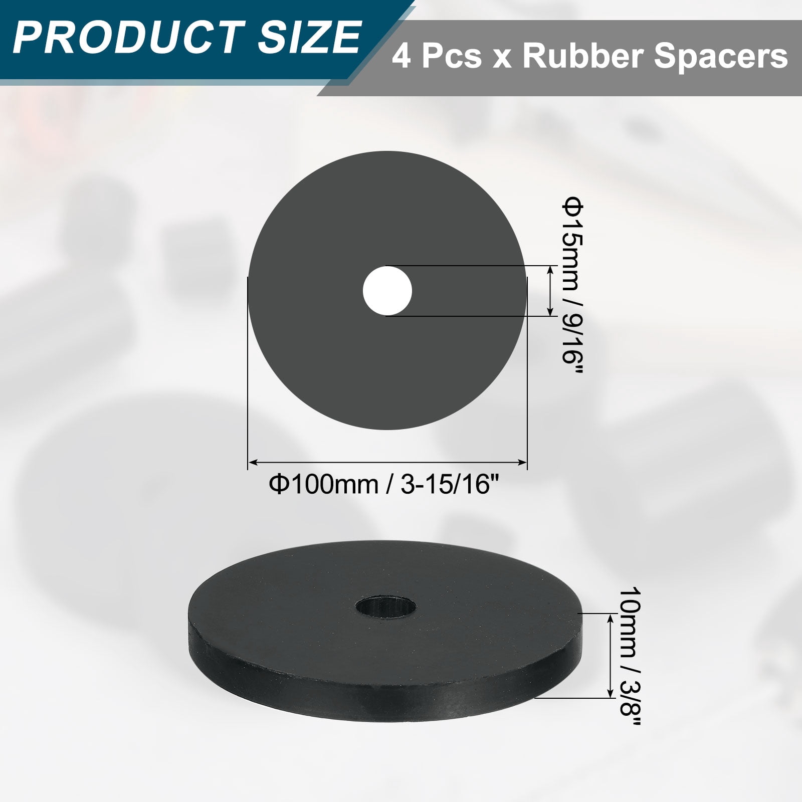 4Pack Thick Rubber Spacer, 3-15/16 Inch OD x 9/16 Inch ID x 3/8 Inch Thickness