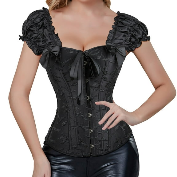 VISALY Corset Tops for Women Overbust Bustier Corset Boby Shapers European and American Gothic Short Sleeved Shoulder Strap Jacquard Women's Shaping Garment Black L