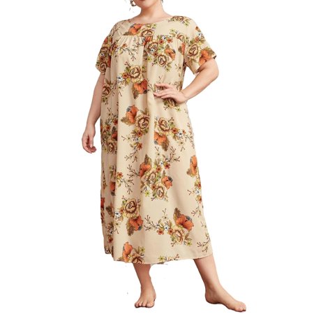 

Casual Floral Boat Neck Nightgowns Multicolor Short Sleeve Plus Size Nightgowns & Sleepshirts