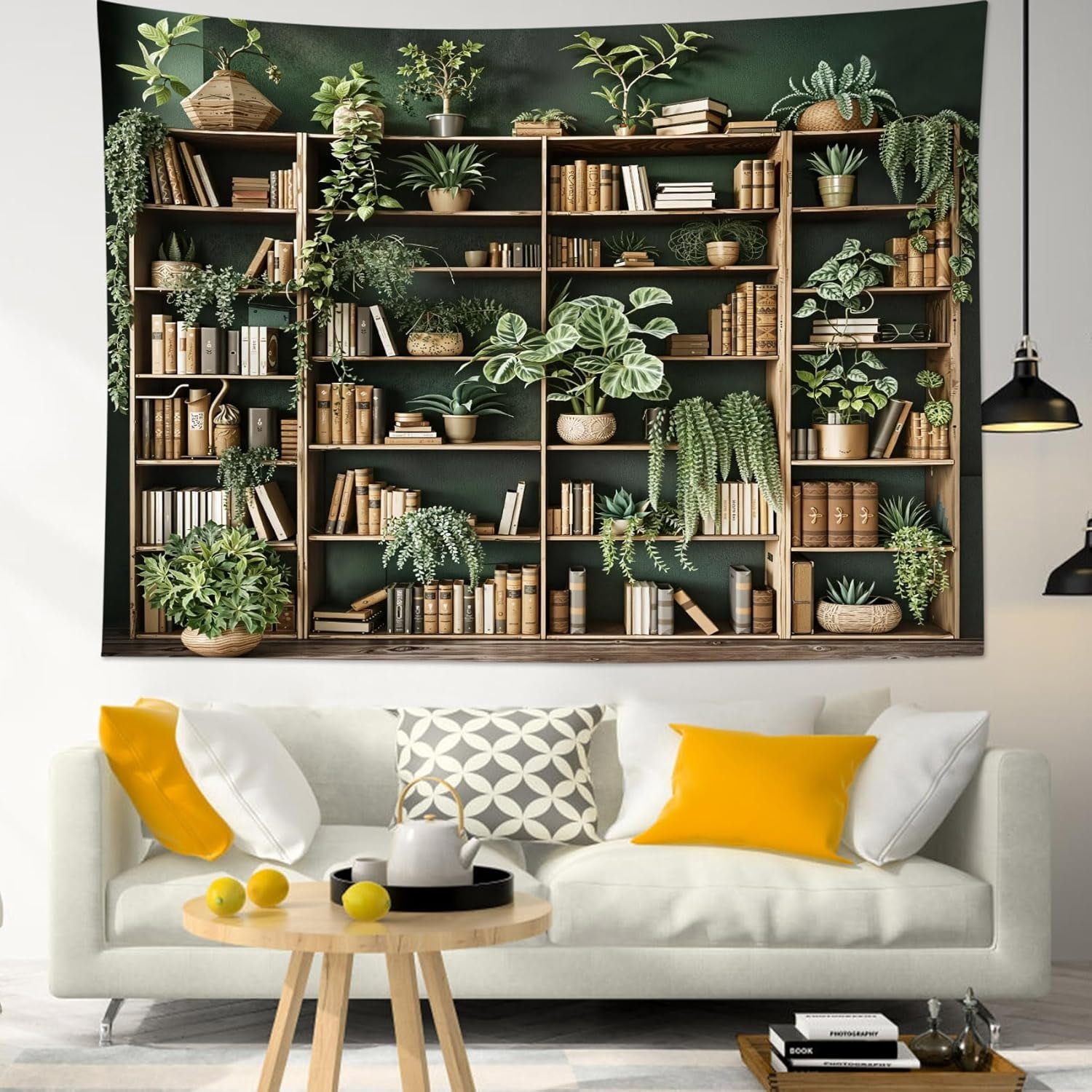 Bookshelf Tapestry Pink Floral Green Watercolor Plant Botanical Aesthetic Tapestry Wall Hanging Vintage Library Book Wall Decor for Bedroom Living Room Dorm Office