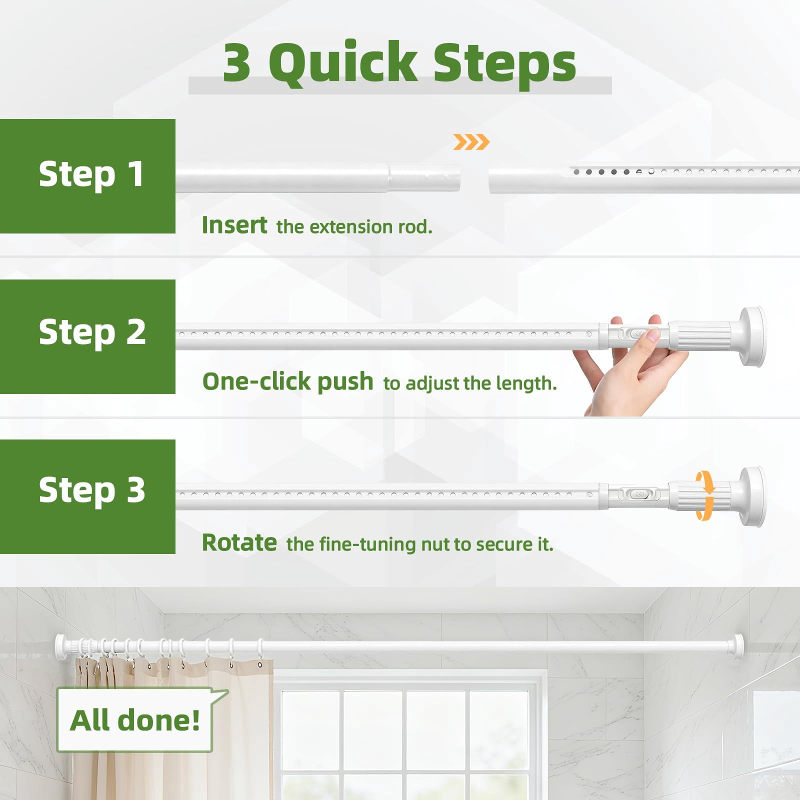 VEGCOO One-Click Tension Curtain Rod, No Drill Adjustable Spring Rod, 39-137 Inches Extra Long, Rustproof Steel for Patio Outdoor Bathroom Window,  White