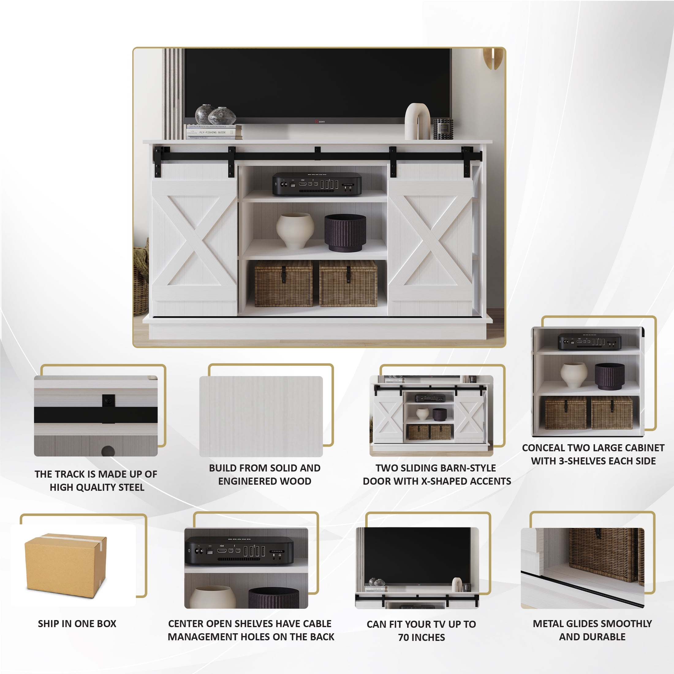 Castle Place Vintage 54" TV Stand Console for TVs up to 65", White