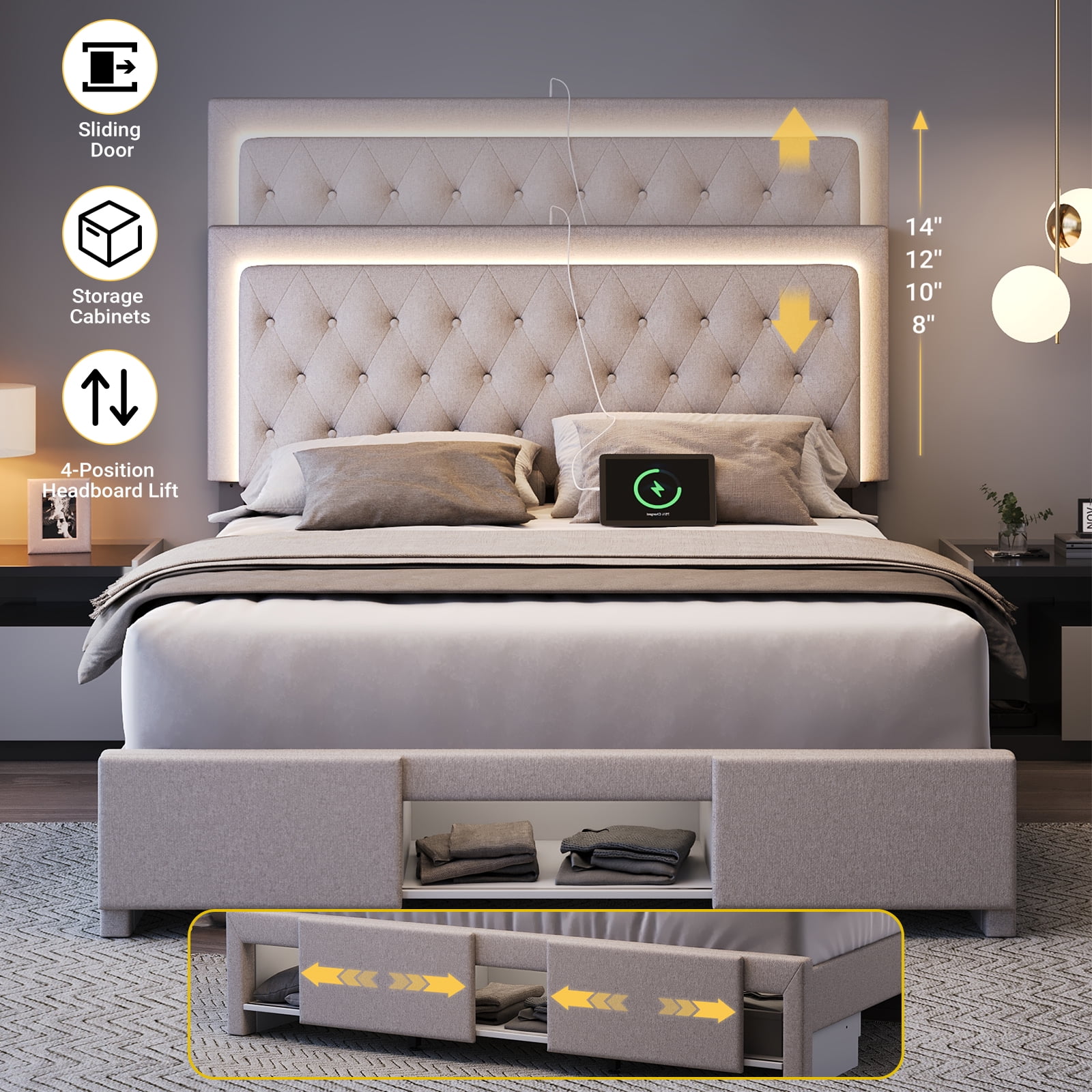 Bed Frame Queen Size with Sliding Barn Door Storage Cabinets,Headboard and LED Light,Solid Wood Slats Support,Noiseless,(Off-white)