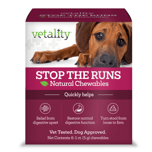 Vetality Stop The Runs, Anti-Diarrhea Chewable Tablets for Dogs, 6 Count.  Fast Acting and Supports Normal Bowel Function for Dogs.  Chicken Apple Flavor.
