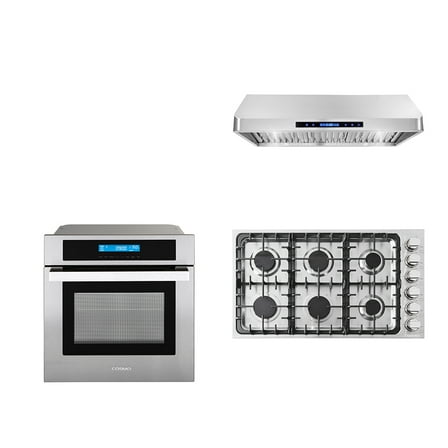 3 Piece Kitchen Package With 36" Gas Cooktop 36" Under Cabinet Range Hood 24" Single Electric Wall Oven