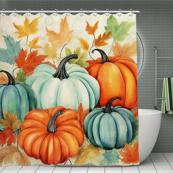 Pumpkins Leaves Autumn Butterfly Print Shower Curtain,Modern Fabric Waterproof Shower Curtain Set with Hooks,70.8×70.8Inch