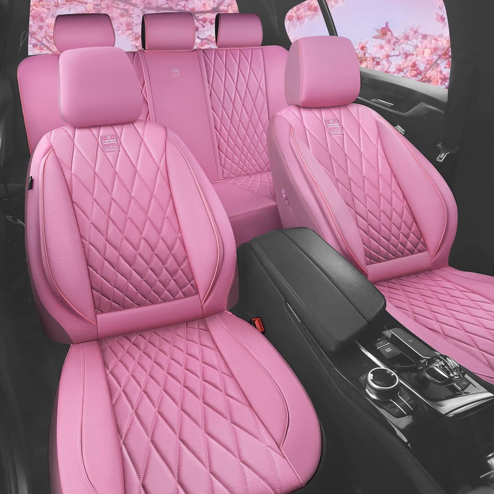 CAR GRAND Piping Luxury Faux PU leather Full Set Car Seat Covers Water Proof Armrest Airbag Compatible Universal Fit SUV VAN Truck All Pink