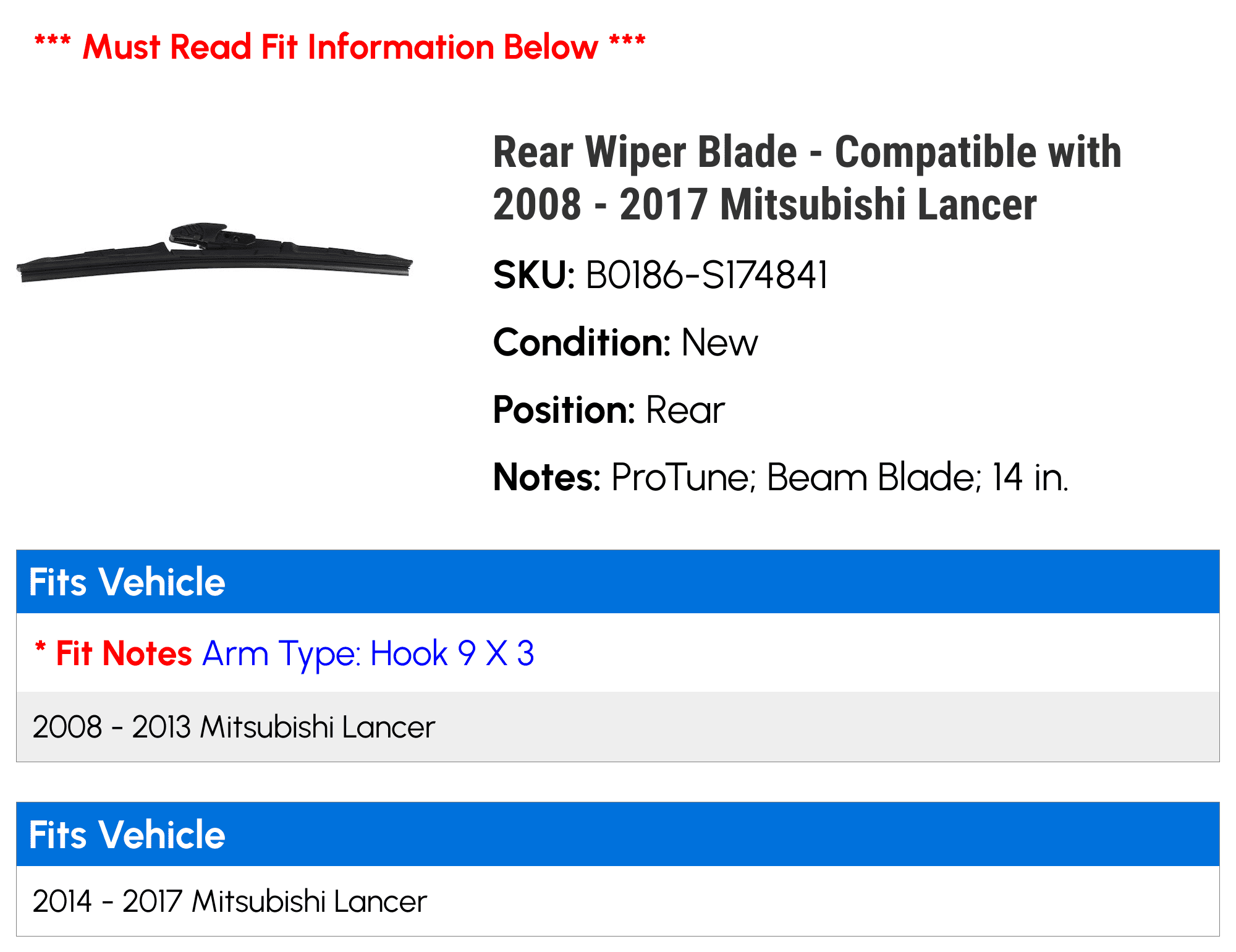Rear Wiper Blade - Compatible with 2008 - 2017 Mitsubishi Lancer 2009 2010 2011 2012 2013 2014 2015 2016
