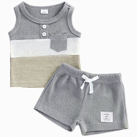 kaprioy Baby Boy Clothes Toddler Baby Boy Clothes 12 18 24 Month 2T 3T Summer Outfit Stripe Waffle Knit Sleeveless Vests Shirts Shorts Set