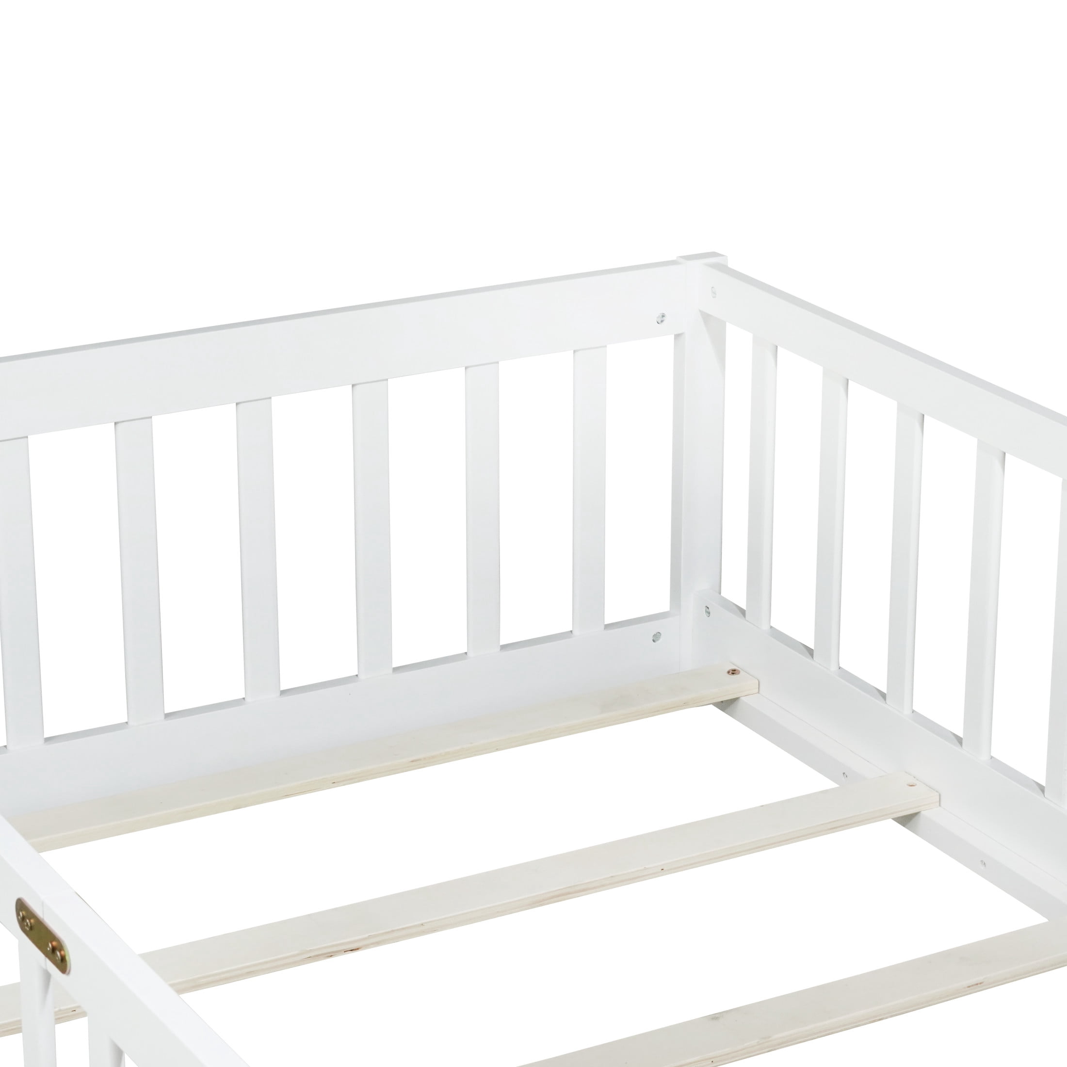 Noble House Erika Twin Floor Bed with Safety Fence, Rubber Wood Montessori Bed Frame, Kid's Room, White