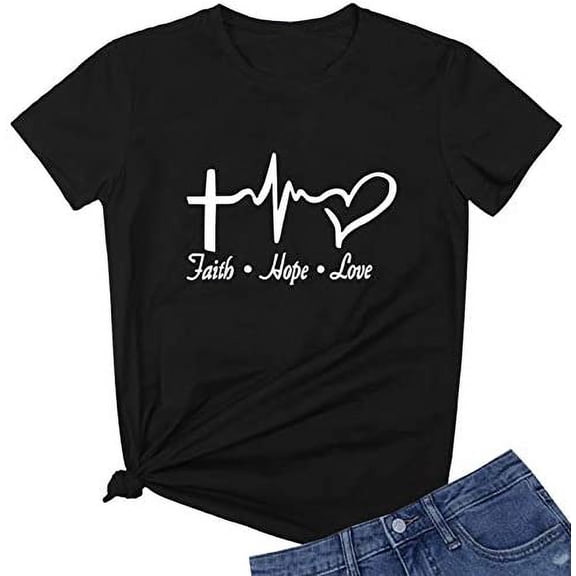 Fashion Womens Cross Faith Love Graphic Cute Funny T Shirt Round Neck Tees Gift Ideas Black Tshirt