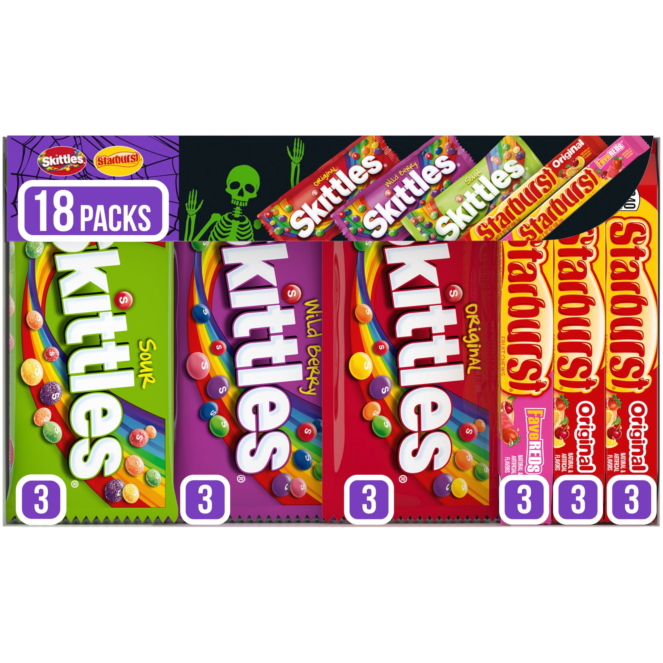 (2 pack) Skittles & Starburst Chewy Variety Pack Halloween Candy - 18 Count Box