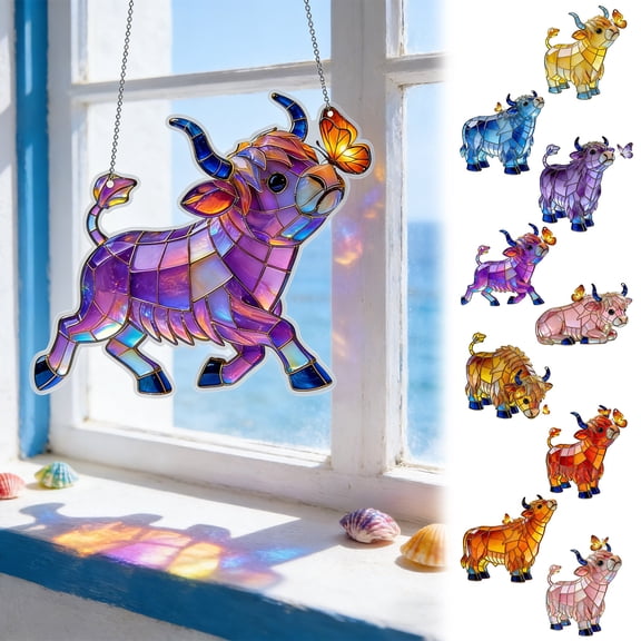 FEOLGEHLY Highland Cow Suncatcher for Windows Hanging, Stained Glass Style Acrylic Ornament with Chain, Farm Animal Sun Catcher Ornament for Home Easter Summer Decorations, Gift for Cow Lovers