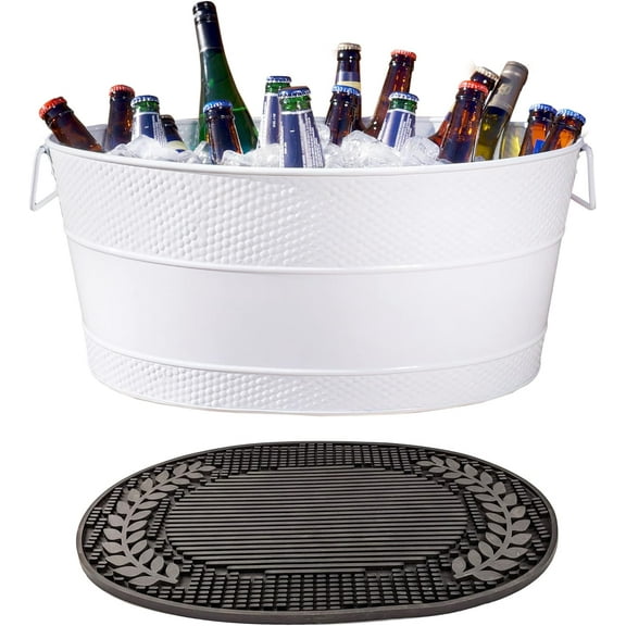 Galvanized White Beverage Tub Insulated Cocktail Mat - 6-Gallon Beverage Tub & Wine Bucket for Parties & Events, Large Champagne Bucket with Drip Mat for Mimosa Bar Supplies