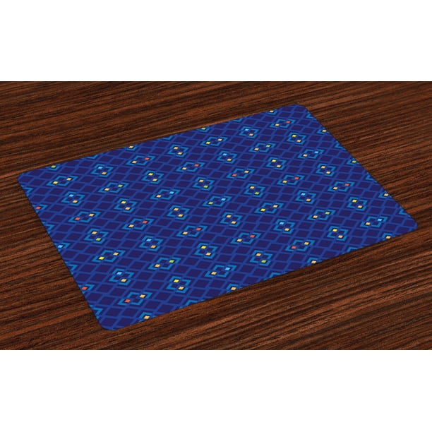 Navy Blue Placemats Set of 4 Geometrical Mosaic Square Patterned
