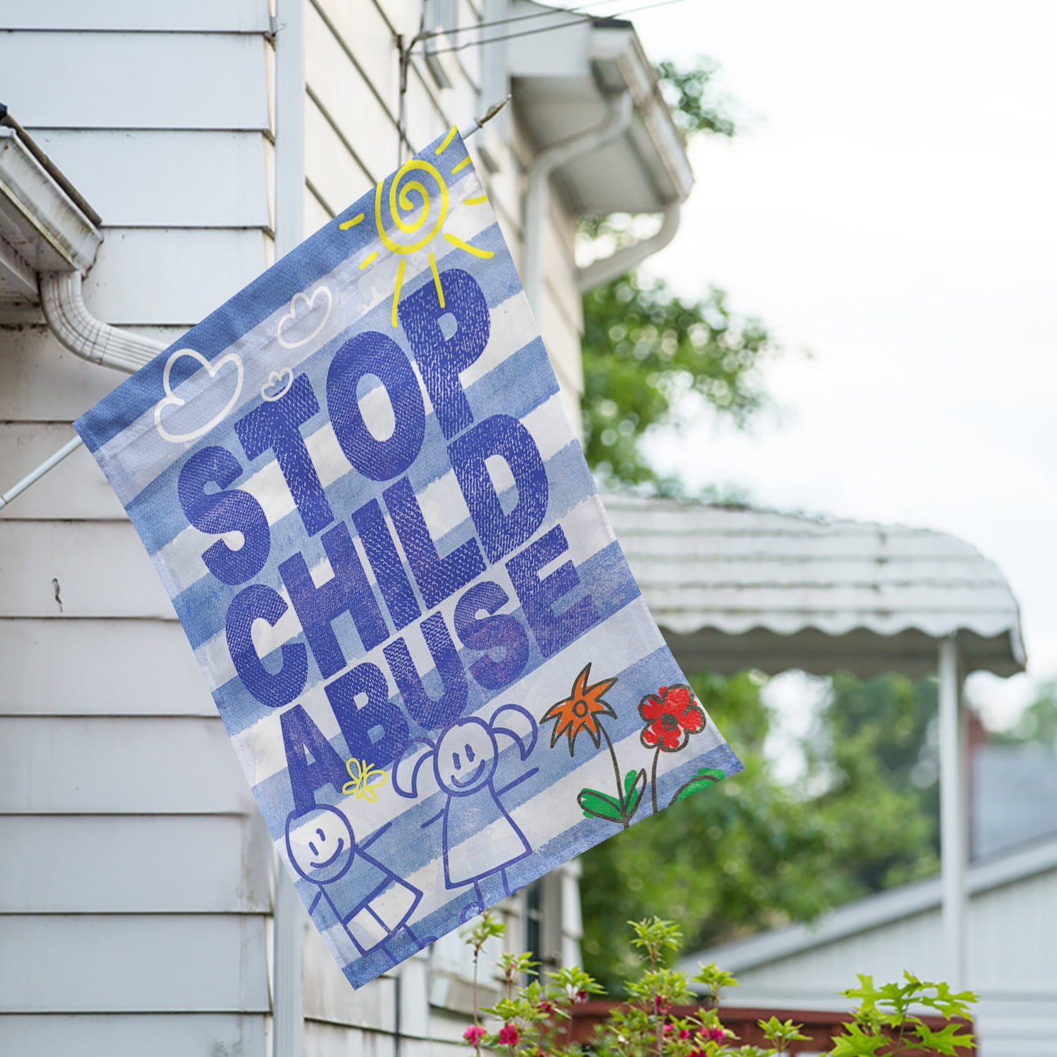 America Forever Stop Child Abuse House Flag, 28 x 40 inch Double Sided, Child Protection Awareness Flag, Blue Ribbon Cause, Child Safety Support, Prevention Education Yard Decor