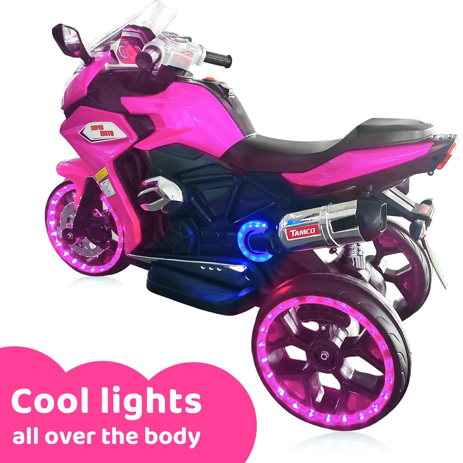 HTW12V Kids Ride On Motorcycle, 3-Wheel Electric Bike for Boys & Girls with LED Lights, MP3 Player, Safety Design, Gift for Ages 3-8