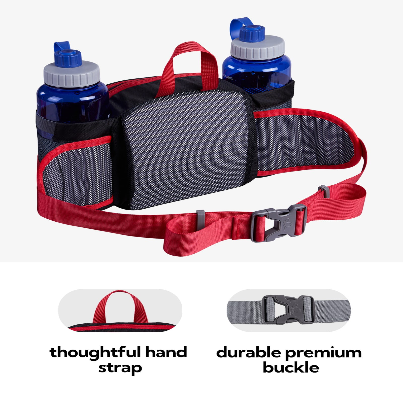 WATERFLY Unisex Large Capacity Hiking with Bottle Holder Nylon Fanny Pack Waist Bag,Black Red