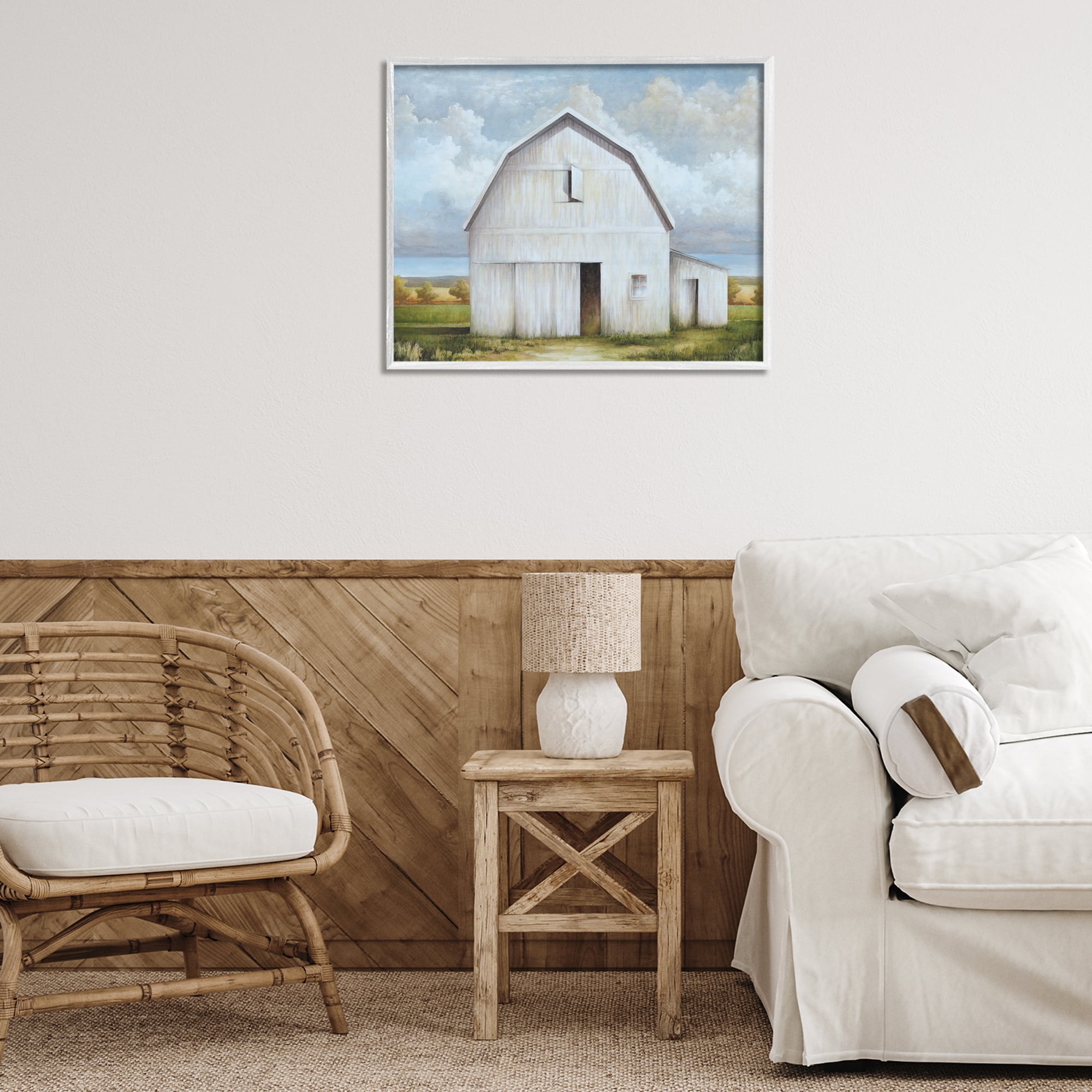 Stupell Industries White Barn with Clouds Landscape Painting White Framed Art Print Wall Art, 30 x 24