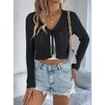 thumbnail image 3 of Women'S Tie Front Long Sleeve Scalloped Crop Cardigan Knit Top Black L, 3 of 8