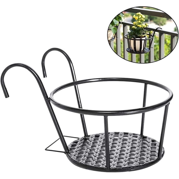 Round Hanging Railing Planters, Iron Hanging Flower Baskets with Hooks, Metal Flower Pot Holder Rack, Fence Shelf Plant Stand for Balconies, Gardens, Indoor & Outdoor Spaces