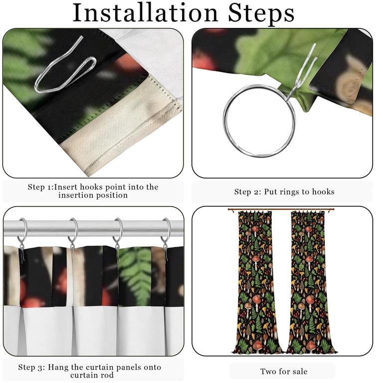 Mushroom and Acorn Black Pattern Pinch Pleated Blackout Curtains ...