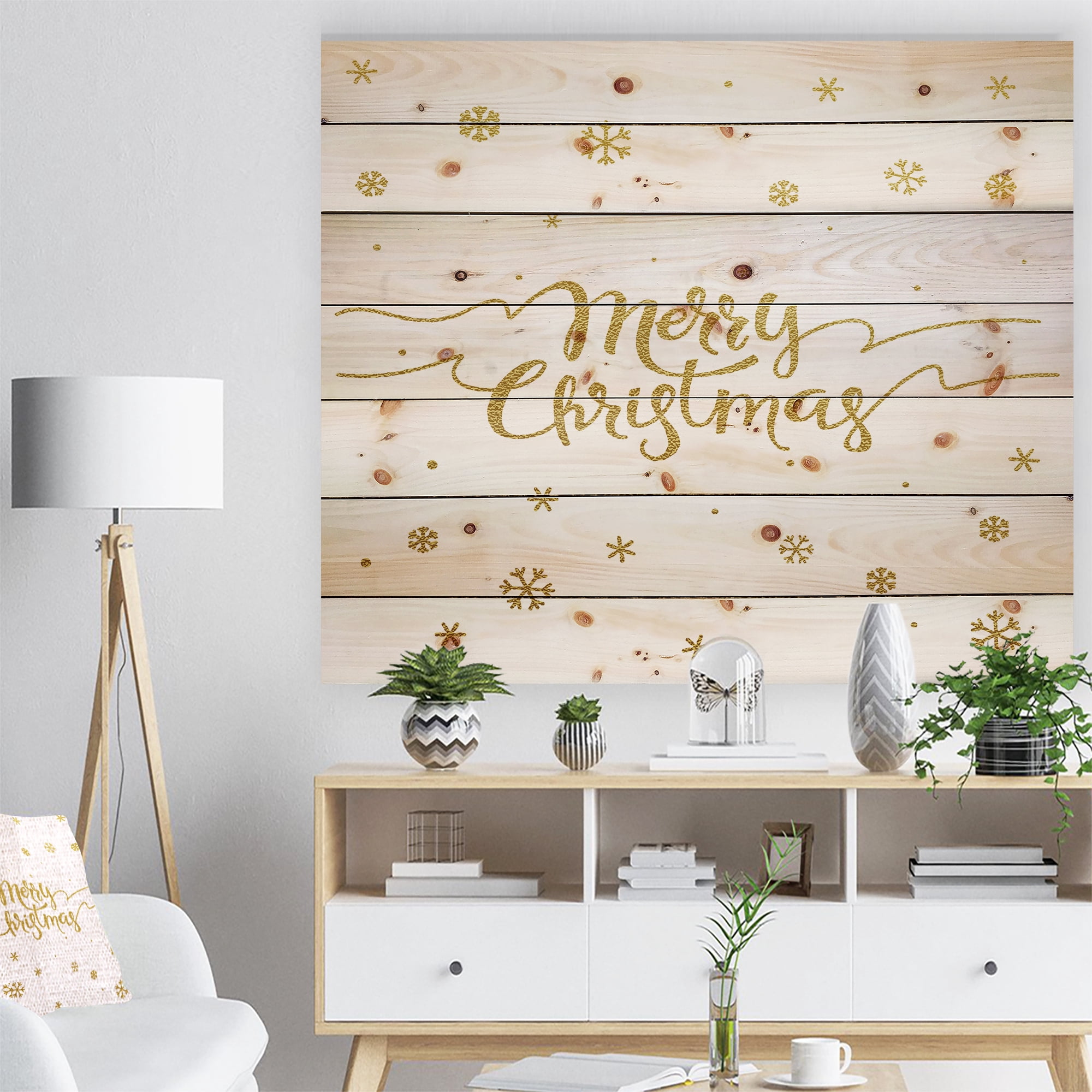 Designart 'Merry Christmas Handwritten Wish on white and gold' Print on Natural Pine Wood