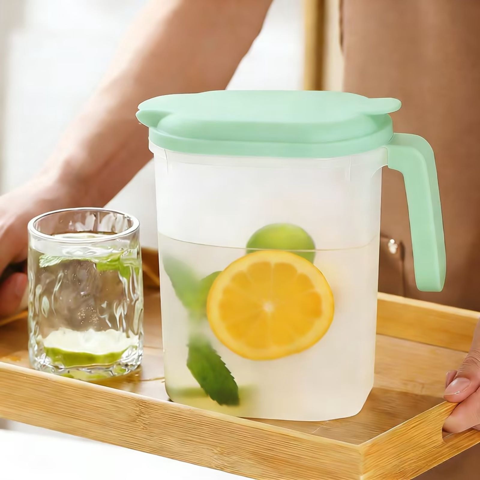 1.8L Heat Resistant Refrigerator Water Bottle With Tea Strainer Large Capacity Beverage Dispenser Durable Material With Secure Lid For Home Kitchen Iced Tea Water And Cold Drink Storage