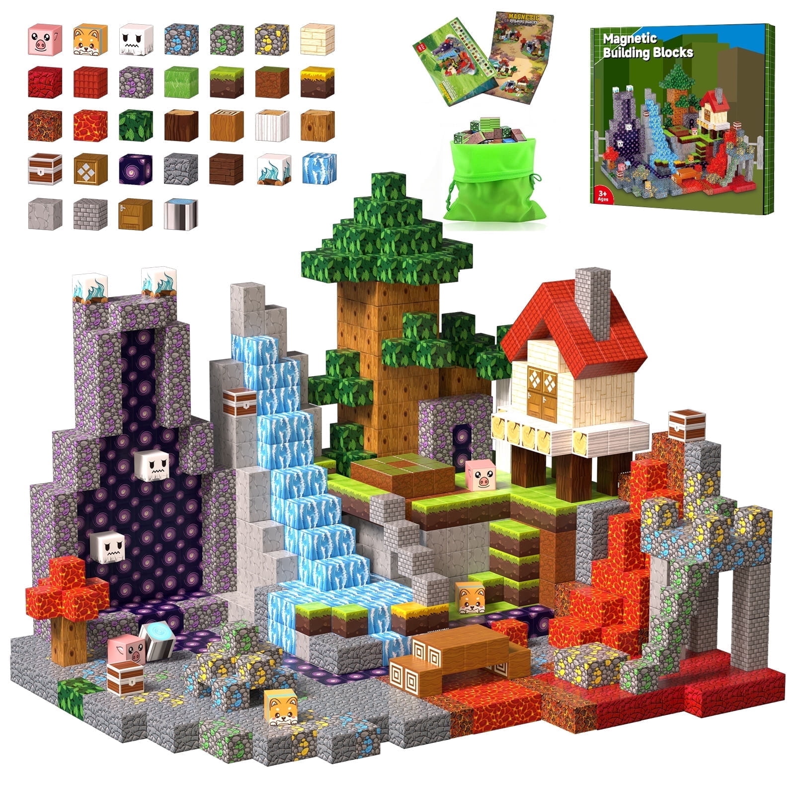 WLBES 100PCS Magnetic Blocks Set, Lava Forest Design, STEM Educational Building Toys, Creative Construction Play, Portable Travel Toys for Kids Age 3+