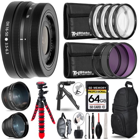 Nikon NIKKOR Z DX 16-50mm f/3.5-6.3 VR Lens (Black) - 3 Lens Kit + Tripod + Backpack - 64GB Accessory Bundle